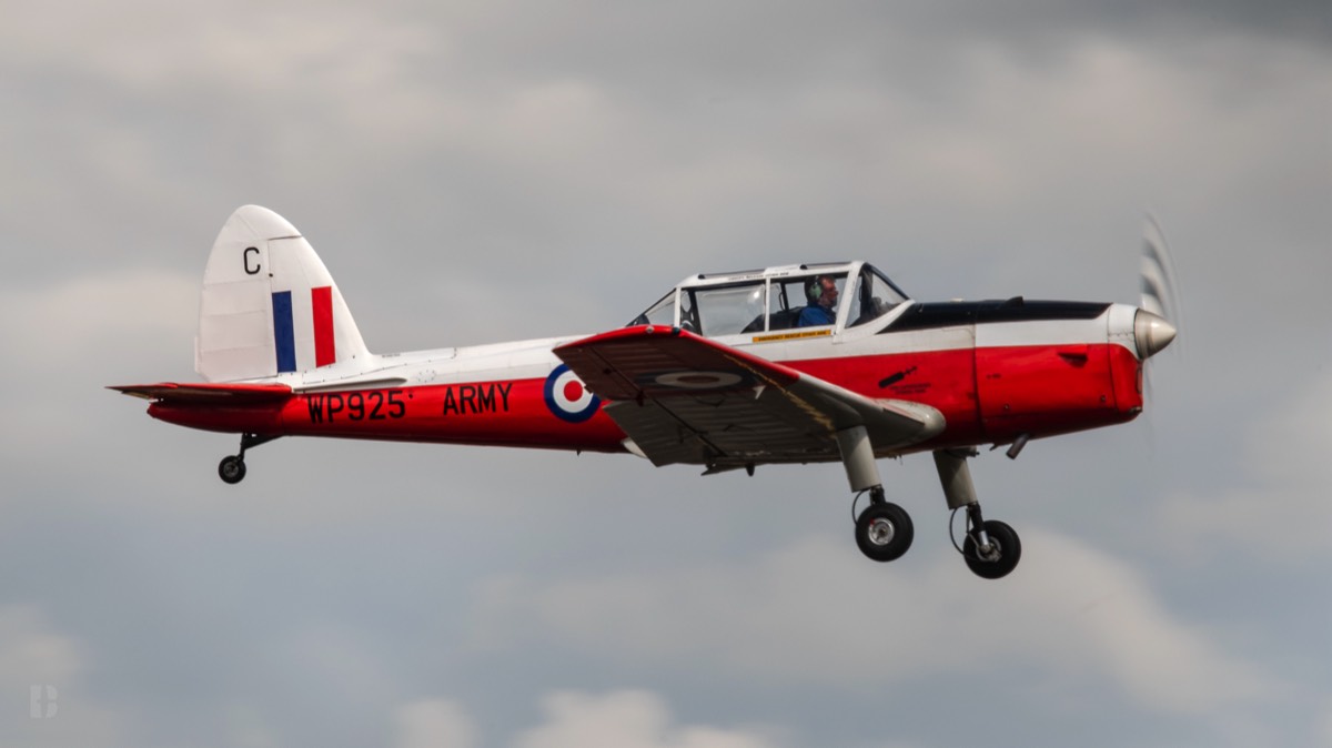 A picture of out Chipmunk coming in to land at Biggin Hill with a steely eyed pilot at the controls